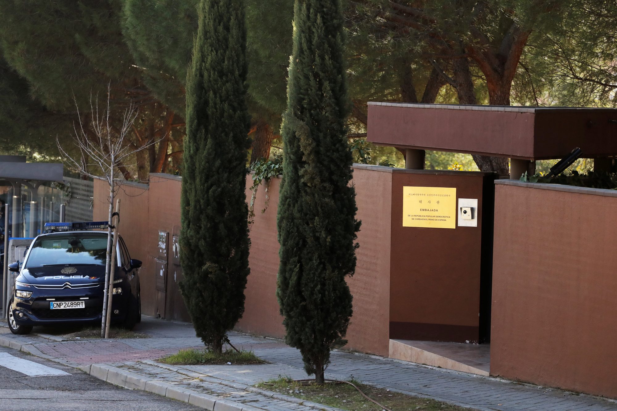 A Spanish National Police car is seen outside the North Korea's embassy in Madrid