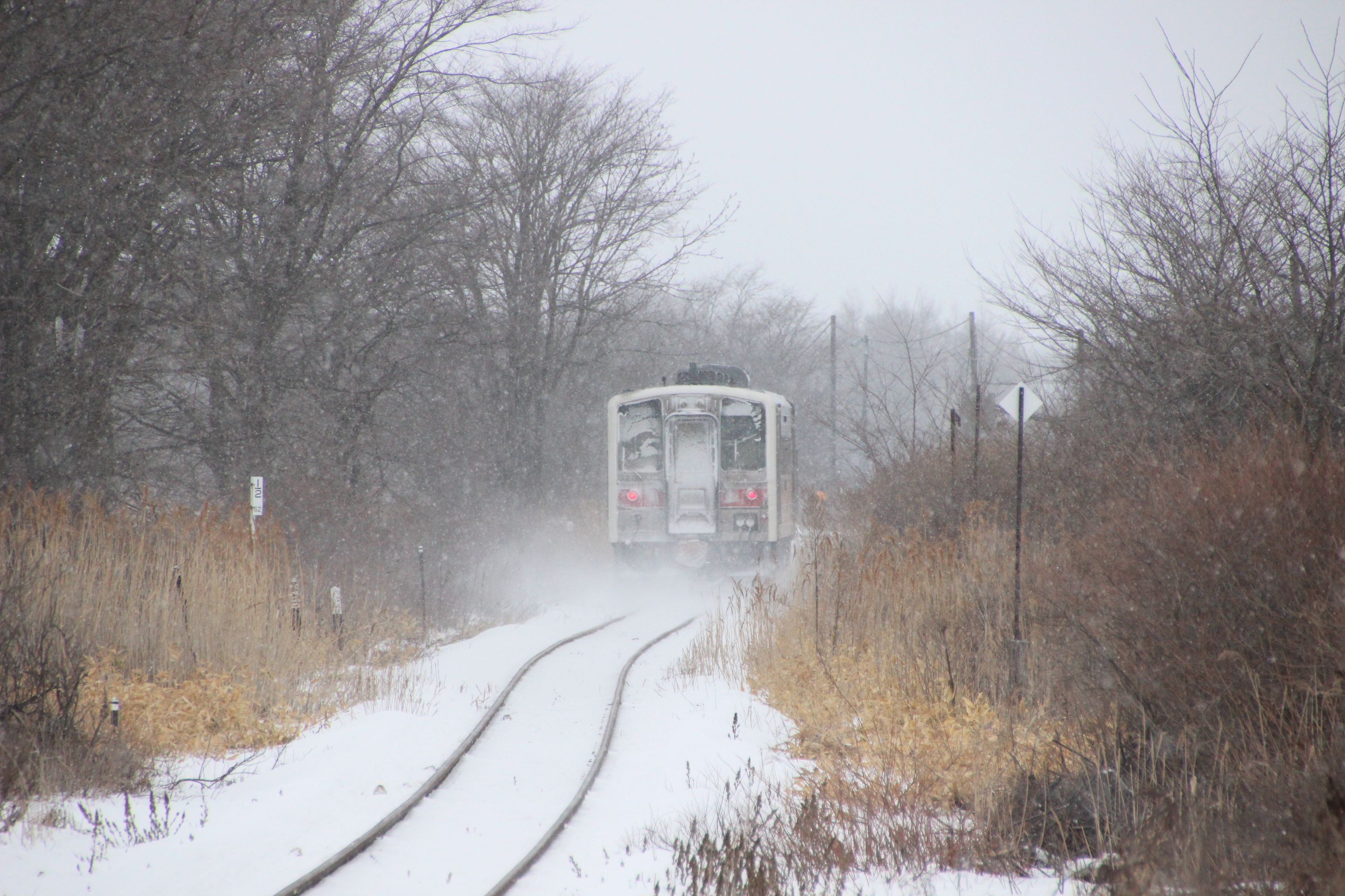 雪を舞い上げて走り去る列車