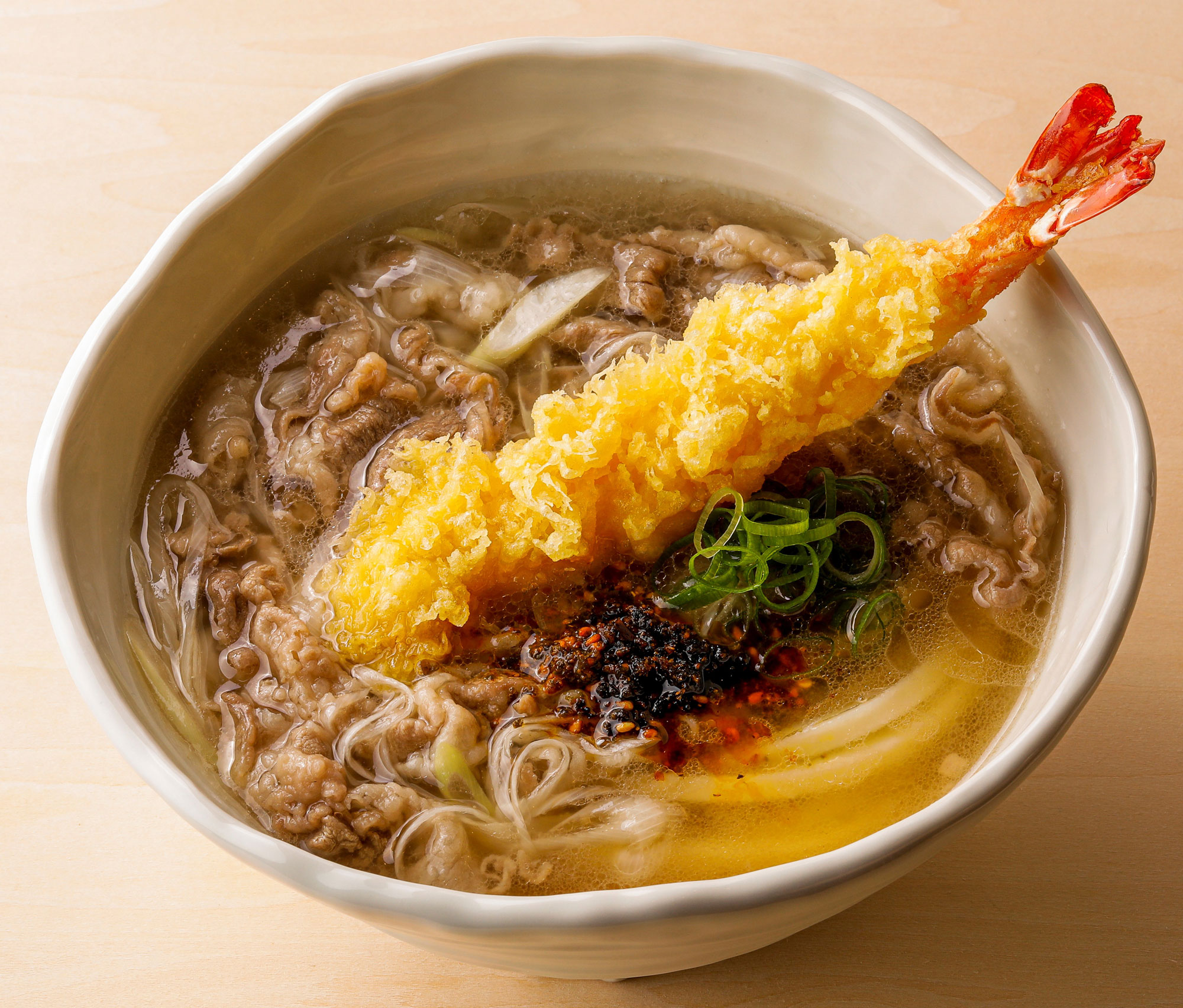 神戸牛と特大海老天うどん