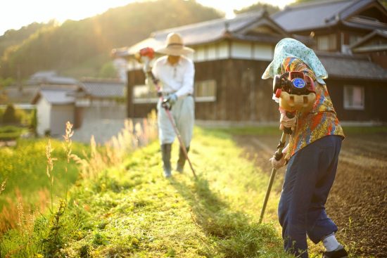 地方の農家で草刈りをする高齢者夫婦