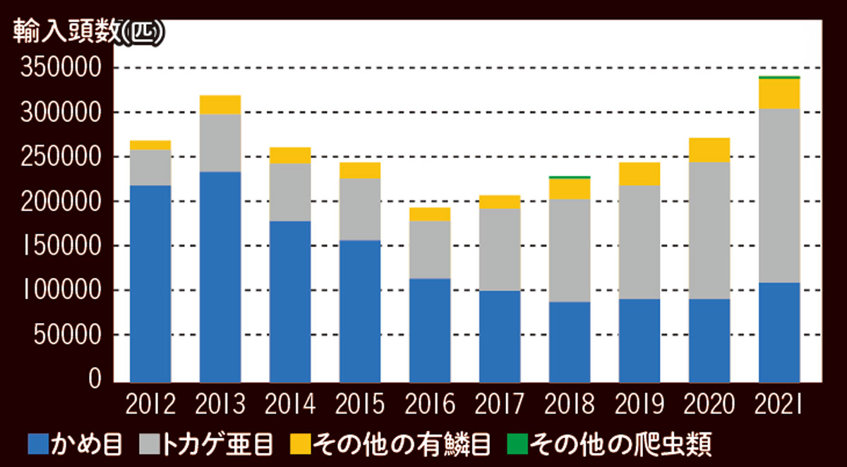 輸入される爬虫類の数の推移