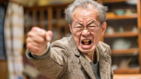 怒っている日本人の老人